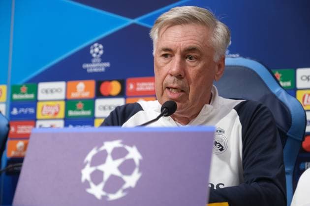 Italy: press conference, PK, Pressekonferenz Real Madrid CL Real Madrid s italian coach Carlo Ancelotti during press conference Real Madrid before UEFA Champions League match against SSC Napoli at the Diego Armando Maradona stadium October 02, 2023, in Naples, Italy. DSCF9268 Copyright: xAntonioxBalascox