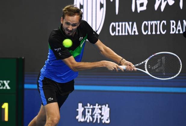 (231003) -- BEIJING, Oct. 3, 2023 -- Russia s Daniil Medvedev competes during the men s singles semifinal between Germany s Alexander Zverev and Russia s Daniil Medvedev at 2023 China Open tennis tournament in Beijing, capital of China, Oct. 3, 2023. ) (SP)CHINA-BEIJING-TENNIS-CHINA OPEN-MEN S SINGLES-SEMIFINAL (CN) ZhangxChenlin 