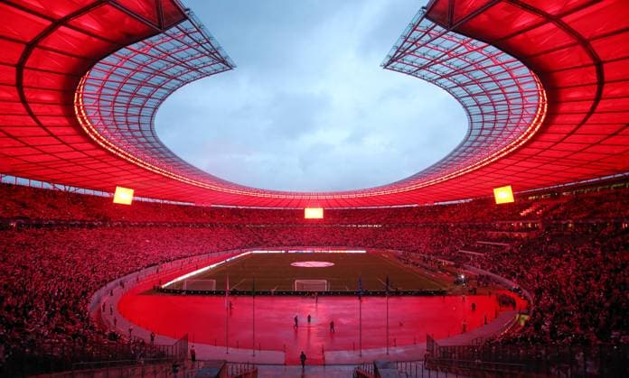 Sport Bilder des Tages Olympiastadion Sportstätte Übersicht ganz in Rot Fußball Fussball UEFA Champions League UCL Herren 2.Spieltag Saison 2023 2024 03.10.2023 1.FC Union Berlin FCU vs SC Braga Olympiastadion DFL regulations prohibit any use of photographs as image sequences and or quasi-video