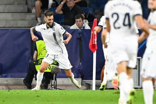 SOCCER - UEFA CL, RBS vs Sociedad SALZBURG,AUSTRIA,03.OCT.23 - SOCCER - UEFA Champions League, group stage, Red Bull Salzburg vs Real Sociedad. Image shows the rejoicing of Brais Mendez (Sociedad).  GEPAxpictures xDanielxSchoenherr