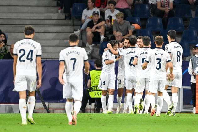 SOCCER - UEFA CL, RBS vs Sociedad SALZBURG,AUSTRIA,03.OCT.23 - SOCCER - UEFA Champions League, group stage, Red Bull Salzburg vs Real Sociedad. Image shows the rejoicing of the team of Real Sociedad.  GEPAxpictures xDanielxSchoenherr