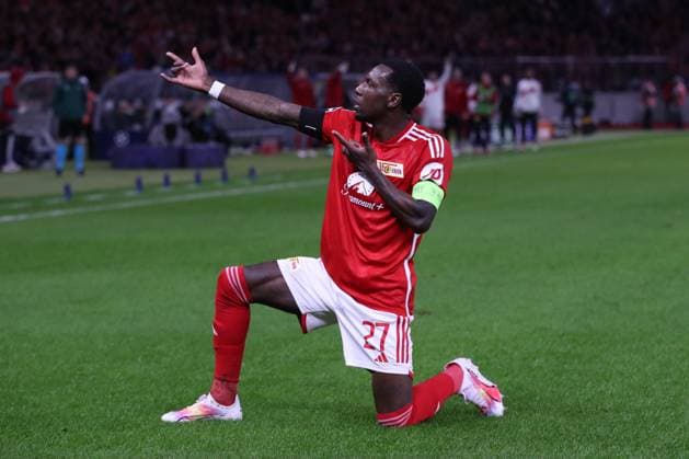 03.10.2023, xtgx, Fussball, UEFA Champions League, 1.FC Union Berlin - Sporting Braga emspor, v.l. Sheraldo Becker (Union Berlin, 27) Jubel, Torjubel, jubelt ueber das Tor, celebrate the goal, celebration nach dem 1:0 (DFL DFB REGULATIONS PROHIBIT ANY USE OF PHOTOGRAPHS as IMAGE SEQUENCES and or QUASI-VIDEO) Olympiastadion