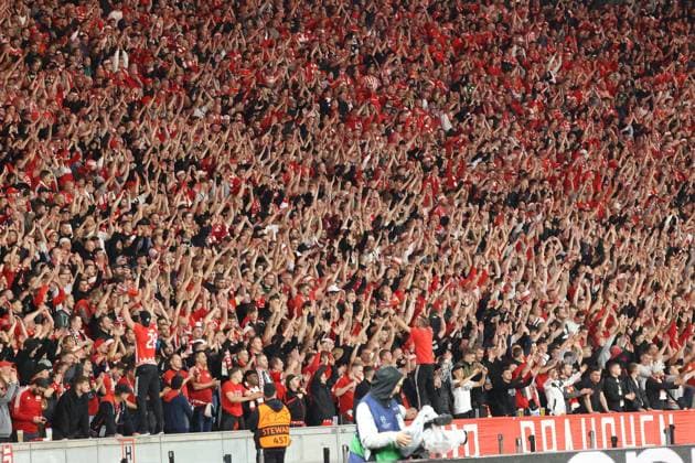 DEU, ChL, 1.FC Union vs. Sporting Braga, 03.10.2023, Berliner Olympiastadion, Berlin, DEU, ChL, 1.FC Union vs. Sporting Braga, im Bild: 1.FC Union-Fans DFL - regulations prohibit any use of Photographs as image sequences and or quasi-video Foto: Juergen Engler nordphoto GmbH