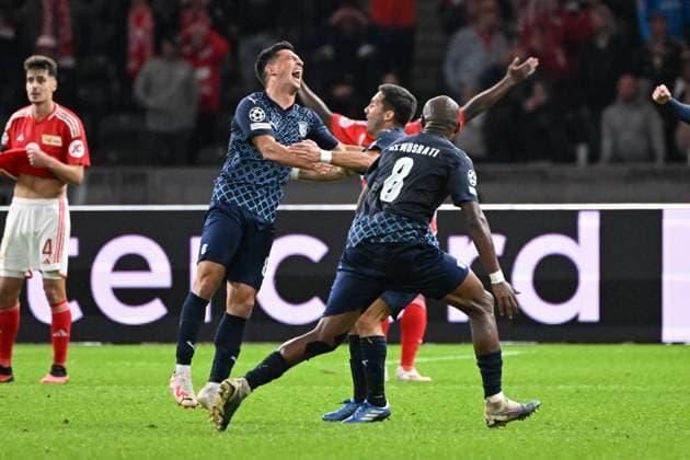 Fussball, Herren, Saison 2023 2024, UEFA Champions League (Gruppe C, 2. Spieltag), 1. FC Union Berlin - Sporting Braga, v. l. Andre Castro (Sporting Braga) Torjubel, jubeln nach dem Tor zum 2:3, 03.10. 2023, Copyright: xMatthiasxKochx