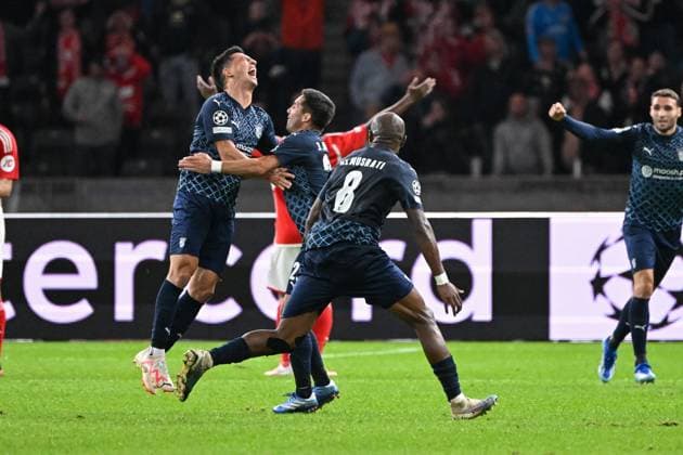 Fussball, Herren, Saison 2023 2024, UEFA Champions League (Gruppe C, 2. Spieltag), 1. FC Union Berlin - Sporting Braga, v. l. Andre Castro (Sporting Braga) Torjubel, jubeln nach dem Tor zum 2:3, 03.10. 2023, Copyright: xMatthiasxKochx