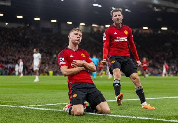 Football - UEFA Champions League - Group A - Manchester United, ManU FC v Galatasaray S.K. MANCHESTER, ENGLAND - Tuesday, October 3, 2023: Manchester United s Rasmus Hojlund celebrates after scoring the opening goal during the UEFA Champions League Group A match between Manchester United FC and Galatasaray S.K. at Old Trafford. MANCHESTER Old Trafford GREATER MANCHESTER ENGLAND  Copyright: xDavidxRawcliffex P2023-10-03-Man_Utd_Galatasaray-12