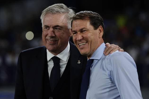 Carlo Ancelotti head coach of Real Madrid CF and Rudi Garcia head coach of SSC Napoli greet each other during the Champions League Group C football match between SSC Napoli and Real Madrid FC at Diego Armando Maradona stadium in Naples (Italy), October 3rd, 2023. cesarexpurini