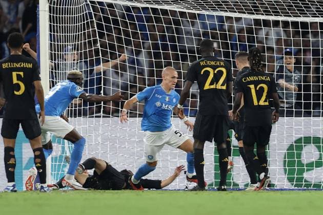 Italy: Serie a football match SSC Napoli vs Real Madrid SSC Napoli™s Norwegian defender Leo Skiri Ostigard celebrates after scoring a goal during the Uefa champions league match between SSC Napoli vs Real Madrid at the Diego Armando Maradona Stadium in Naples, southern Italy, on October 03, 2023. ABPH1909 Copyright: xAntonioxBalascox