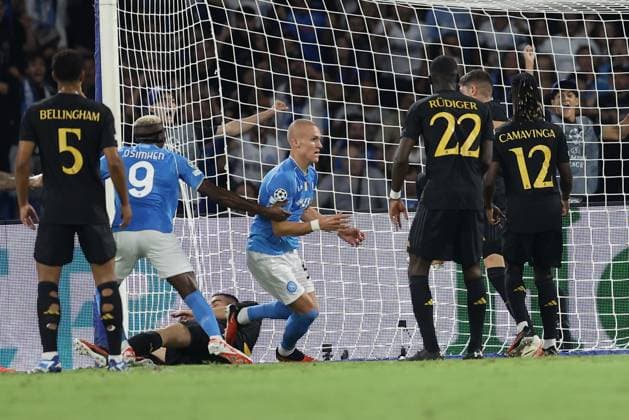 Italy: Serie a football match SSC Napoli vs Real Madrid SSC Napoli™s Norwegian defender Leo Skiri Ostigard celebrates after scoring a goal during the Uefa champions league match between SSC Napoli vs Real Madrid at the Diego Armando Maradona Stadium in Naples, southern Italy, on October 03, 2023. ABPH1907 Copyright: xAntonioxBalascox