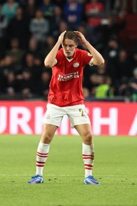 EINDHOVEN, 03-10-2023, Philips Stadium, UEFA Champions League season 2023 2024 match between PSV and Sevilla. PSV player Joey Veerman disappointed PSV - Sevilla  x22612899x Copyright: