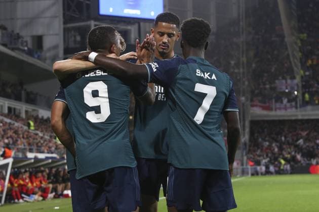 Joie - But de Gabriel Jesus (Arsenal) - Martin Odegaard (Arsenal) - Bukayo Saka (Arsenal) - William Saliba (Arsenal) FOOTBALL : RC Lens Vs Arsenal - Ligue des Champions - 03 10 2023 MichaelBaucher Panoramic 