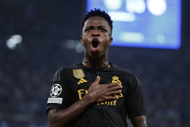 Vinicius Junior of Real Madrid CF celebrates after scoring the goal of 1-1 during the Champions League Group C football match between SSC Napoli and Real Madrid FC at Diego Armando Maradona stadium in Naples (Italy), October 3rd, 2023. cesarexpurini