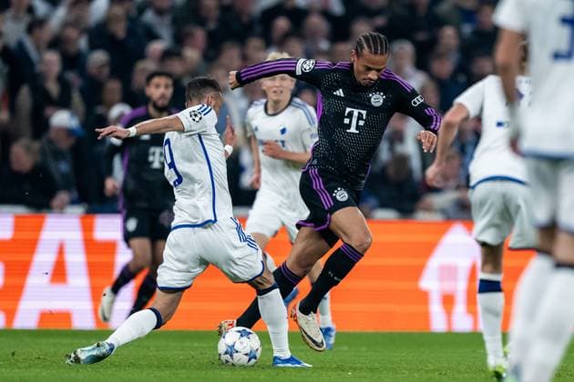 231003 Diogo Goncalves of Copenhagen and Leroy SanÃ of Bayern Munich during the UEFA Champions League football match between FC Copenhagen and Bayern Munich on October 3, 2023 in Köpenhamn. Photo: Petter Arvidson BILDBYRAN kod PA PA0658 fotboll football soccer fotball champions league fc copenhagen bayern münchen bbeng bayern munich fc köpenhamn Copyright: PETTERxARVIDSON BB231003PA077