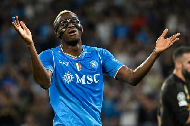 Victor Osimhen of SSC Napoli reacts during the Champions League Group C football match between SSC Napoli and Real Madrid FC at Diego Armando Maradona stadium in Naples (Italy), October 3rd, 2023. AndreaxStaccioli