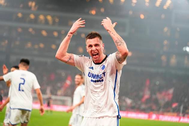FC Copenhagen s Lukas Lerager (12) has scored to make it 1-0 during the Champions League match between FC Copenhagen and FC Bayern Munich, second round in Group A, at Parken, Copenhagen, Tuesday, October 3, 2023. (Photo: Liselotte Sabroe Scanpix 2023) , Copenhagen Denmark Copyright: MadsxClausxRasmussenx COP14434 spdk20231003-221615-L
