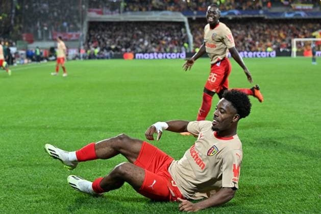 231003 RC Lens vs Arsenal Elye Wahi (9) of RC Lens celebrates after scoring the 2-1 goal during the Uefa Champions League matchday 2 game in group B in the 2023-2024 season between Racing Club de Lens and Arsenal FC on October 3 , 2023 in Lens, France. (Photo by David Catry Isosport) LENS FRANCE  Copyright: xx 408614