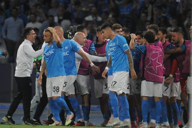 October 3, 2023, NAPOLI, ITALY: Napoli™s midfielder Piotr Zielinski jubilates with his teammate after scoring the goal during the UEFA Champions League group C soccer match between SSc Napoli and Real Madrid at Diego Armando Maradona stadium in Naples, Italy, 3 october 2023 ANSA CESARE ABBATE UEFA Champions League -SSC Napoli vs Real Madrid  - ZUMAa110 20231003_zaf_a110_045 Copyright: xAbbatex