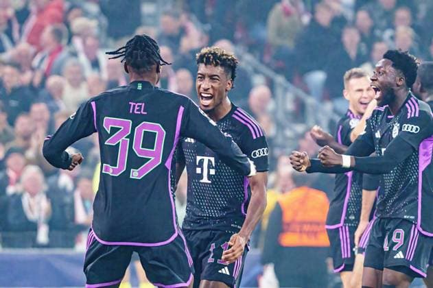 Torjubel Mathys Tel (FC Bayern Muenchen, 39), Kingsley Coman (FC Bayern Muenchen, 11) nach Tor zum 1:2 Mathys Tel (FC Bayern Muenchen, 39) DEN, FC Kopenhagen vs. FC Bayern Muenchen, Fussball, Champions League, Gruppe A, Spieltag 2, Saison 2023 2024, 03.10.2023 DEN, FC Kopenhagen vs. FC Bayern Muenchen, Fussball, Champions League, Gruppe A, Spieltag 2, Saison 2023 2024, 03.10.2023 Kopenhagen Copyright: xEibner-Pressefoto MarcelxvonxFehrnx EP_MFN