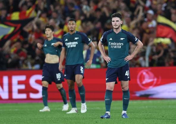 Lens, France, 3rd October 2023. Declan Rice of Arsenal looks dejected after Elye Wahi of RC Lens scores to make it 2-1 during the UEFA Champions League match at the Estadio Bollaert Delelis, Lens. Picture credit should read: David Klein Sportimage EDITORIAL USE ONLY. No use with unauthorised audio, video, data, fixture lists, club league logos or live services. Online in-match use limited to 120 images, no video emulation. No use in betting, games or single club league player publications. SPI-2623-0064