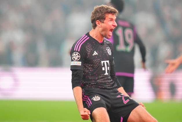 Thomas Müller of FC Bayern Munich celebrates Mathys Tel s goal during the Champions League match between FC Copenhagen and FC Bayern Munich, second round in Group A, at Parken, Copenhagen, Tuesday, October 3, 2023. (Photo: Liselotte Sabroe Scanpix 2023) , Copenhagen Denmark Copyright: LiselottexSabroex COP14434 spdk20231003-224146-L