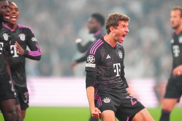 Thomas Müller of FC Bayern Munich celebrates Mathys Tel s goal during the Champions League match between FC Copenhagen and FC Bayern Munich, second round in Group A, at Parken, Copenhagen, Tuesday, October 3, 2023. (Photo: Liselotte Sabroe Scanpix 2023) , Copenhagen Denmark Copyright: LiselottexSabroex COP14434 spdk20231003-224215-L
