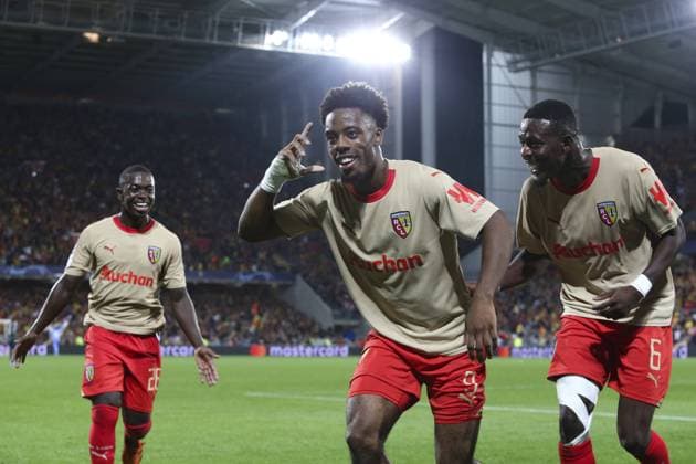 Joie - But de Elye Wahi (RC Lens) - Salis Abdul Samed (RC Lens) - Nampalys Mendy (RC Lens) FOOTBALL : RC Lens Vs Arsenal - Ligue des Champions - 03 10 2023 MichaelBaucher Panoramic 