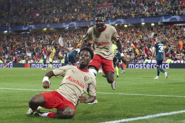 Joie - But de Elye Wahi (RC Lens) - Salis Abdul Samed (RC Lens) FOOTBALL : RC Lens Vs Arsenal - Ligue des Champions - 03 10 2023 MichaelBaucher Panoramic 