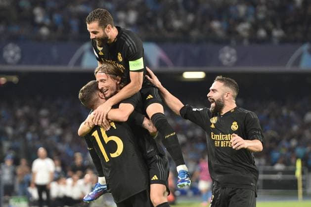 UEFA Champions League football match - SSC Napoli vs Real Madrid FC Federico Valverde of Real Madrid FC celebrates after scoring goal during the Uefa Champions League between SSC Napoli vs Real Madrid FC at Diego Armando Maradona Stadium Naples Italy  Copyright: xIPAxSport ABACAx BRIPASport20231004_156 IPAxSport ABACAx BRIPASport20231004_156