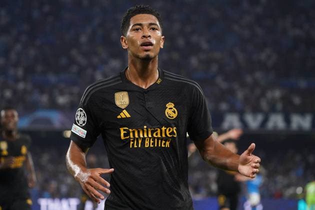 Naples, Italy, October 3rd 2023: Jude Bellingham (5 Real Madrid) celebrates during the Champions League match between SSC Napoli and Real Madrid CF at Stadio Diego Armando Maradona on October 3, 2023 in Naples, Italy (Foto Mosca SPP) Copyright: xFotoxMoscax xSPPx spp-en-FoMoSp-MSC03429-s