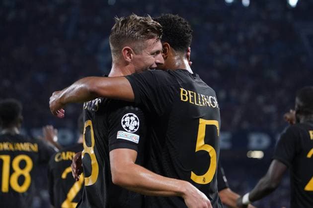 Naples, Italy, October 3rd 2023: Jude Bellingham (5 Real Madrid) celebrates during the Champions League match between SSC Napoli and Real Madrid CF at Stadio Diego Armando Maradona on October 3, 2023 in Naples, Italy (Foto Mosca SPP) Copyright: xFotoxMoscax xSPPx spp-en-FoMoSp-MSC03597-s