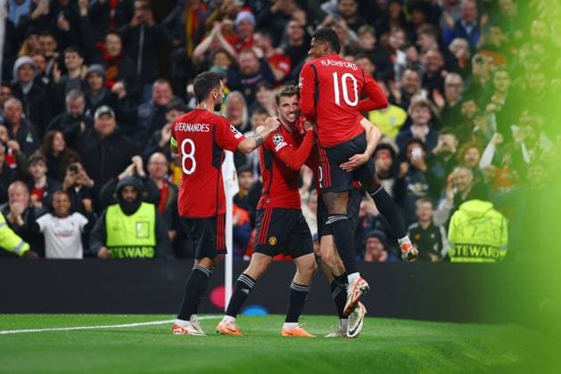 MANCHESTER, ENGLAND - OCTOBER 3: Rasmus Hojlund of Manchester United, ManU celebrates scoring his team s first goal to make the score 1-0 during the UEFA Champions League match between Manchester United and Galatasaray A.S at Old Trafford on October 3, 2023 in Manchester, England. (Photo by Ryan Jenkinson) SPO 
