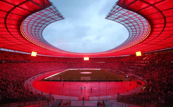 Sport Bilder des Tages Olympiastadion Sportstätte Übersicht ganz in Rot Fußball Fussball UEFA Champions League UCL Herren 2.Spieltag Saison 2023 2024 03.10.2023 1.FC Union Berlin FCU vs SC Braga Olympiastadion DFL regulations prohibit any use of photographs as image sequences and or quasi-video