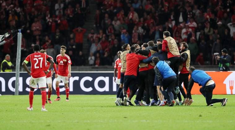 Braga jubelt über Siegtor durch Andre Castro in der 94. Minute, li. Sheraldo Becker, Diogo Leite enttäuscht Enttäuschung Fußball Fussball UEFA Champions League UCL Herren 2.Spieltag Saison 2023 2024 03.10.2023 1.FC Union Berlin FCU vs SC Braga Olympiastadion DFL regulations prohibit any use of photographs as image sequences and or quasi-video
