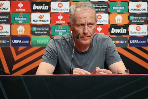Freiburg, Deutschland 17. August 2023: Europa League - 2023 2024 - SC Freiburg Pressekonferenz - Spieltagskonferenz Im Bild: Trainer Christian Streich (SC Freiburg) bei der Pressekonferenz, PK vor Fussball-Europa-League Europa Park Stadion Baden Württemberg Copyright: xFotostandx xHettichx