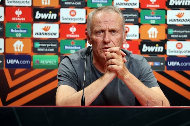 Sport Bilder des Tages Freiburg, Deutschland 17. August 2023: Europa League - 2023 2024 - SC Freiburg Pressekonferenz - Spieltagskonferenz Im Bild: Trainer Christian Streich (SC Freiburg) bei der Pressekonferenz, PK vor Fussball-Europa-League Europa Park Stadion Baden Württemberg Copyright: xFotostandx xHettichx