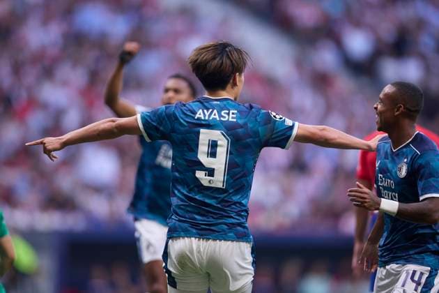 Spain, Madrid, 04.10.2023, Civitas Metropolitano Stadium, Atletico de Madrid v Feyenoord Rotterdam - UEFA Champions League match 1st round day 2, Ayase Ueda (Feyenoord Rotterdam) celebrates after scoring his team˜s first goal Madrid Civitas Metropolitano Stadium Spain
