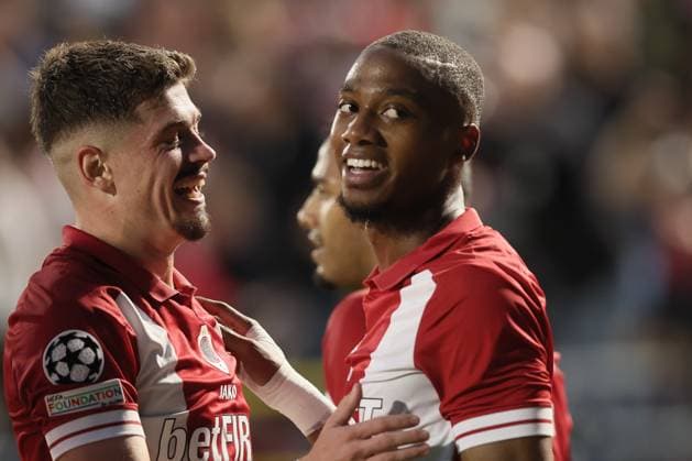 Antwerp s Michel Ange Balikwisha celebrates after scoring during a soccer game between Belgian soccer team Royal Antwerp FC and Ukrainian club Shakhtar Donetsk, on Wednesday 04 October 2023 in Antwerp, on day two of the Champions League group stage, in the group H. BRUNOxFAHY  x76283969x