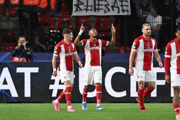231004 Royal Antwerp FC vc FK Shakhtar Donetsk Michel Ange Balikwisha of Antwerp celebrates after scoring the 2-0 goal during a football game between Royal Antwerp FC and FK Shakhtar Donetsk on day 2 in Group H of the UEFA Champions League season 2023-2024 competition on October 4, 2023 in Antwerp, Belgium. (Photo by Maarten Straetemans Isosport) ANTWERP BELGIUM  Copyright: xx 408737