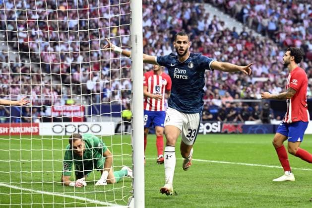 MADRID - David Hancko of Feyenoord celebrates the 1-2 during the UEFA Champions League match between Atletico Madrid and Feyenoord Rotterdam at Estadio Metropolitano on October 4, 2023 in Madrid, Spain. ANP OLAF KRAAK UEFA Champions League 2023 24 2023 2024 xVIxANPxSportx xxANPxIVx 480230592 originalFilename: 480230592.jpg