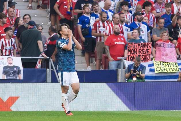 MADRID, SPAIN - October 4: Ayase Ueda of Feyenoord celebrates a goal during the UEFA CHAMPIONS LEAGUE 2023 24 match between Atletico de Madrid and Feyenord at Civitas Metropolitano Stadium. ONLYxEDITORIALxUSAGE  (231522394)