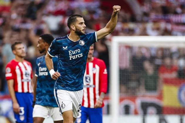 MADRID, 04-10-2023 Stadium Wanda Metropolitano, Champions League Football season 2023 2024 Match between Atletico Madrid and Feyenoord. David Hancko celebrating the goal. 1-2. Atletico Madrid - Feyenoord  x22624305x Copyright: