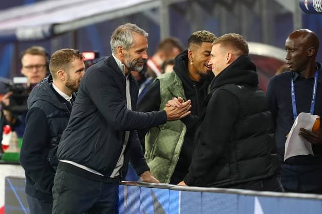 04.10.2023, xtgx, Fussball UEFA Champions League, RB Leipzig - Manchester City emspor, v.l. Marco Rose (Leipzig, Trainer), Dani Olmo (Leipzig, 7) (DFL DFB REGULATIONS PROHIBIT ANY USE OF PHOTOGRAPHS as IMAGE SEQUENCES and or QUASI-VIDEO) Leipzig