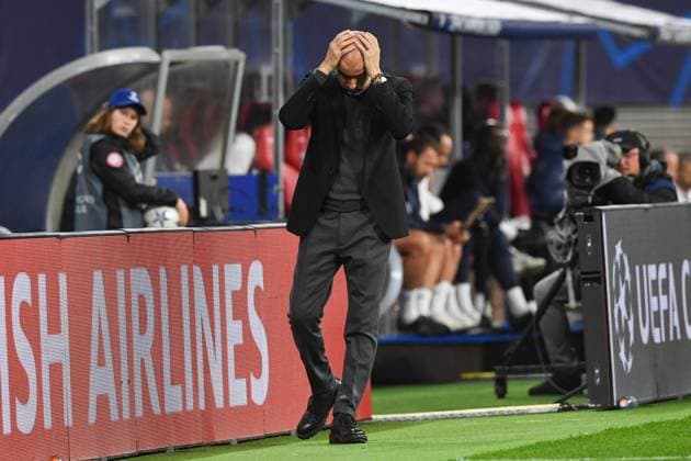 Fussball, Herren, Saison 2023 2024, UEFA Champions League (Gruppe G, 2. Spieltag), RB Leipzig - Manchester City, v. l. Trainer Josep Pep Guardiola (Manchester City) enttaeuscht, disappointed, 04.10. 2023, Copyright: xSebastianxRäppold MatthiasxKochx