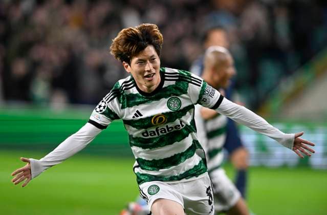 Glasgow, Scotland, 4th October 2023. Kyogo Furuhashi of Celtic scores the 1st goal of the game during the UEFA Champions League match at Celtic Park, Glasgow. Picture credit should read: Neil Hanna Sportimage EDITORIAL USE ONLY. No use with unauthorised audio, video, data, fixture lists, club league logos or live services. Online in-match use limited to 120 images, no video emulation. No use in betting, games or single club league player publications. SPI-2620-0002