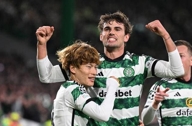 Glasgow, Scotland, 4th October 2023. Kyogo Furuhashi of Celtic scores the 1st goal of the game during the UEFA Champions League match at Celtic Park, Glasgow. Picture credit should read: Neil Hanna Sportimage EDITORIAL USE ONLY. No use with unauthorised audio, video, data, fixture lists, club league logos or live services. Online in-match use limited to 120 images, no video emulation. No use in betting, games or single club league player publications. SPI-2620-0007
