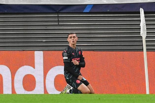 Fussball, Herren, Saison 2023 2024, UEFA Champions League (Gruppe G, 2. Spieltag), RB Leipzig - Manchester City, v. l. Phil Foden (Manchester City) Torjubel, jubelt nach dem Tor zum 0:1, 04.10. 2023, Copyright: xSebastianxRäppold MatthiasxKochx