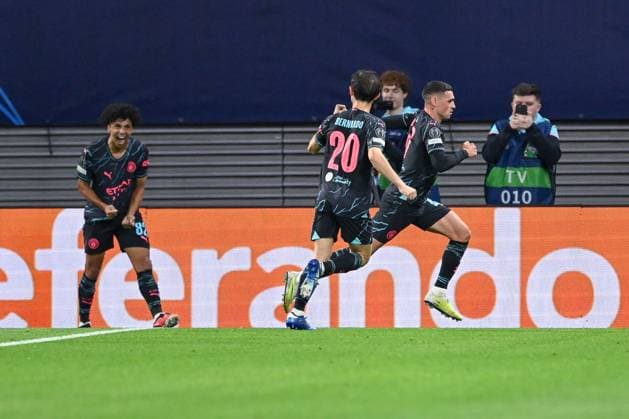 04.10.2023, Fussball, Champions League, 2. Spieltag, Saison 2023 2024, RB Leipzig - Manchester City, Phil Foden (Manchester City) freut sich über das Tor zum 1:0. xRHR-FOTO TKx Copyright: RHR-FOTOx RHR-FOTO TK