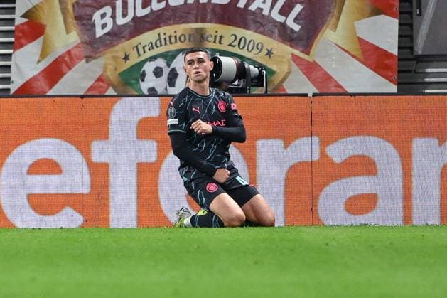 04.10.2023, Fussball, Champions League, 2. Spieltag, Saison 2023 2024, RB Leipzig - Manchester City, Phil Foden (Manchester City) freut sich über das Tor zum 1:0. xRHR-FOTO TKx Copyright: RHR-FOTOx RHR-FOTO TK