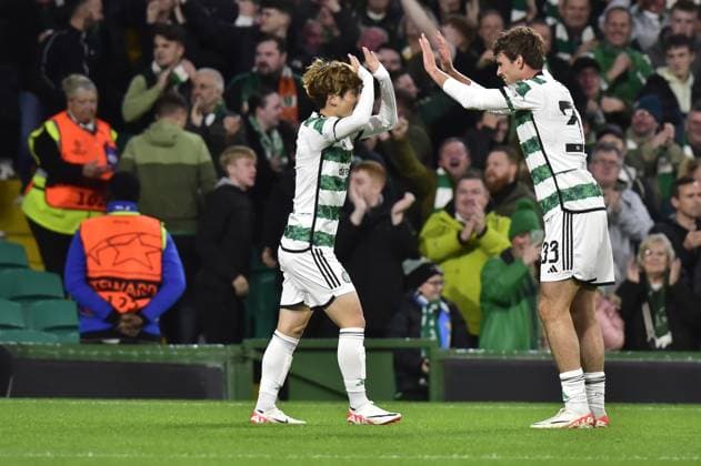 Celtic v Lazio UEFA Champions League Kyogo Furuhashi of Celtic scores their sides first goal of the match and celebrates his goal with Matt O Riley during the UEFA Champions League Group E match at Celtic Park, Glasgow Copyright: xJamiexJohnstonx FIL-19061-0029 UK Newspapers OUT