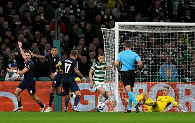 Glasgow, Scotland, 4th October 2023. Mat’as Vecino of Lazio scores his sides equaliser during the UEFA Champions League match at Celtic Park, Glasgow. Picture credit should read: Neil Hanna Sportimage EDITORIAL USE ONLY. No use with unauthorised audio, video, data, fixture lists, club league logos or live services. Online in-match use limited to 120 images, no video emulation. No use in betting, games or single club league player publications. SPI-2620-0011